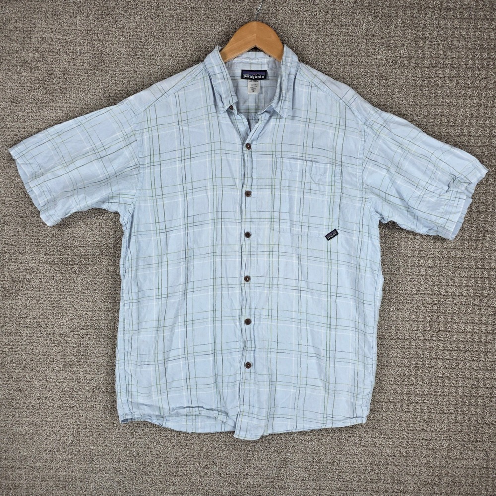 Patagonia Mens Medium 100% Hemp Short Sleeve Plaid Button Down Shirt Light Blue